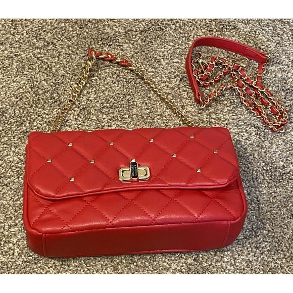 Badgley Mischka Red Quilted Vegan Leather Purse Gold Studded Crossbody Bag 10x6 - Picture 2 of 13